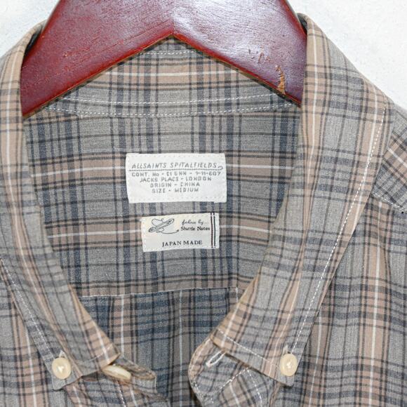 All Saints x Shuttle Nots Japan Komoro LS Shirt Gray beige Plaid size Medium - Picture 4 of 8